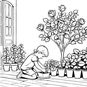 Blühende Rosen im bunten Garten Ausmalbild für kleine Pflanzenliebhaber