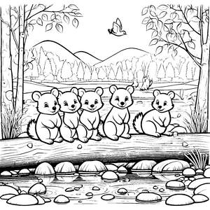 Fünf verspielt Waschbär-Babys am glitzernden Bach Ausmalvorlage für kleine Tierentdecker