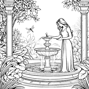 Zarte Frau mit glatten Haaren am Sprudelnden Brunnen Ausmalbild für kreative Wassermagier