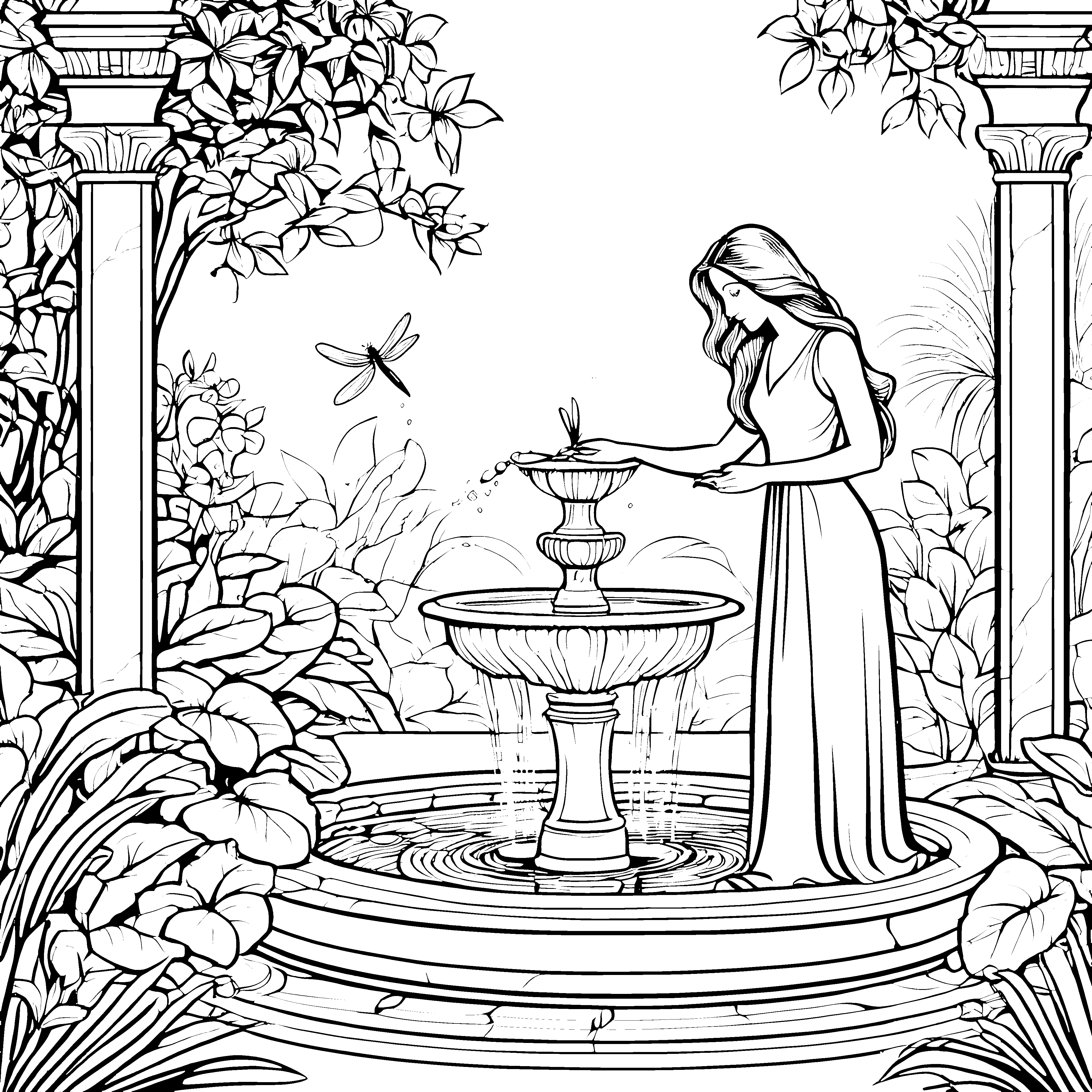 Zarte Frau mit glatten Haaren am Sprudelnden Brunnen Ausmalbild für kreative Wassermagier