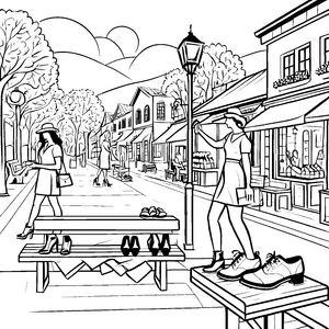 Stylische Schuhe auf dem Marktplatz Ausmalvorlage für modebewusste Entdecker