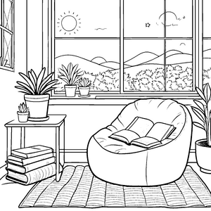 Gemütlicher Sitzsack mit aufgeschlagenem Buch Ausmalvorlage für kreative Leseratten