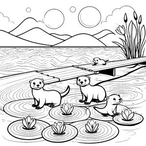 Niedliche Otter-Babys beim Spielen im Wasser Ausmalmotiv für kleine Entdecker mit Herz