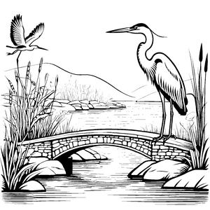 Eleganter Reiher auf malerischer Brücke Ausmalvorlage für neugierige Naturliebhaber
