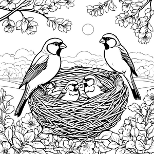 Zwei fröhliche Vögel im gemütlichen Nest Ausmalvorlage für geschickte Naturfreunde