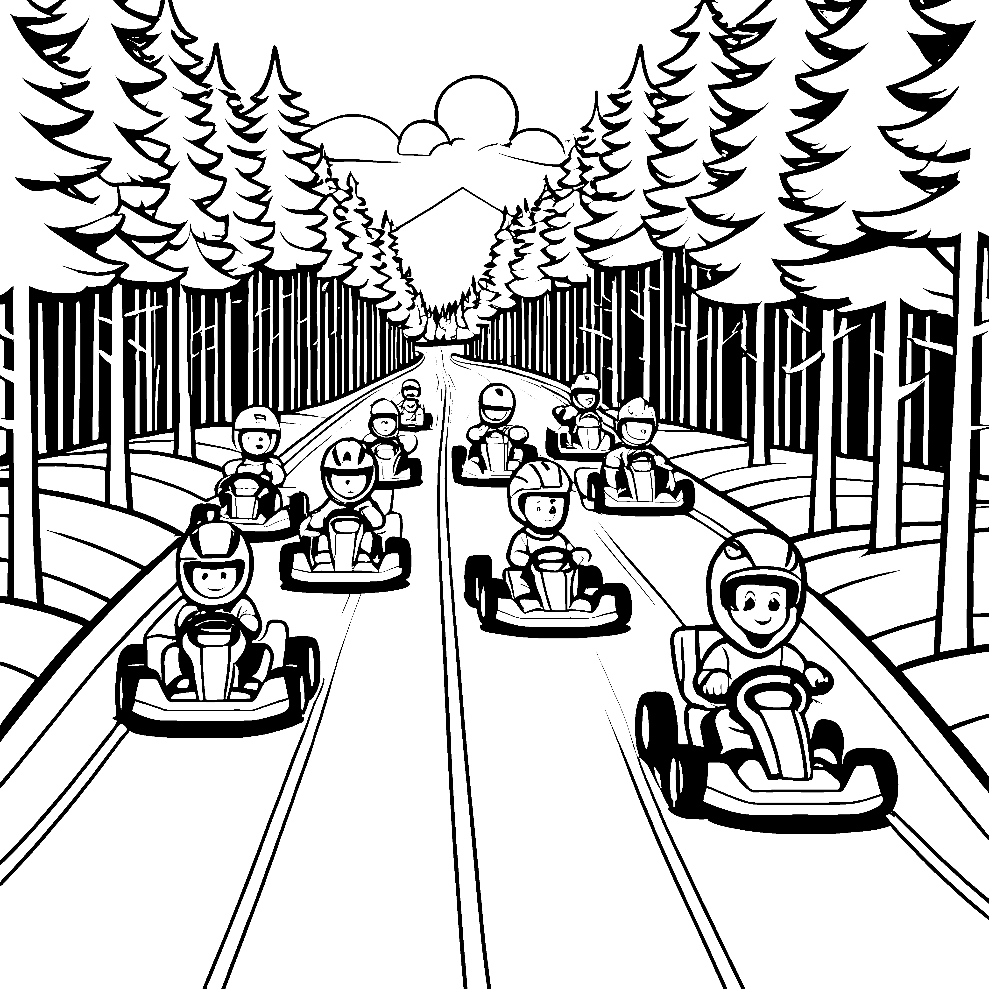 Spaßige Kart-Rennen durch den zauberhaften Wald Ausmalvorlage für junge Turbo-Fans