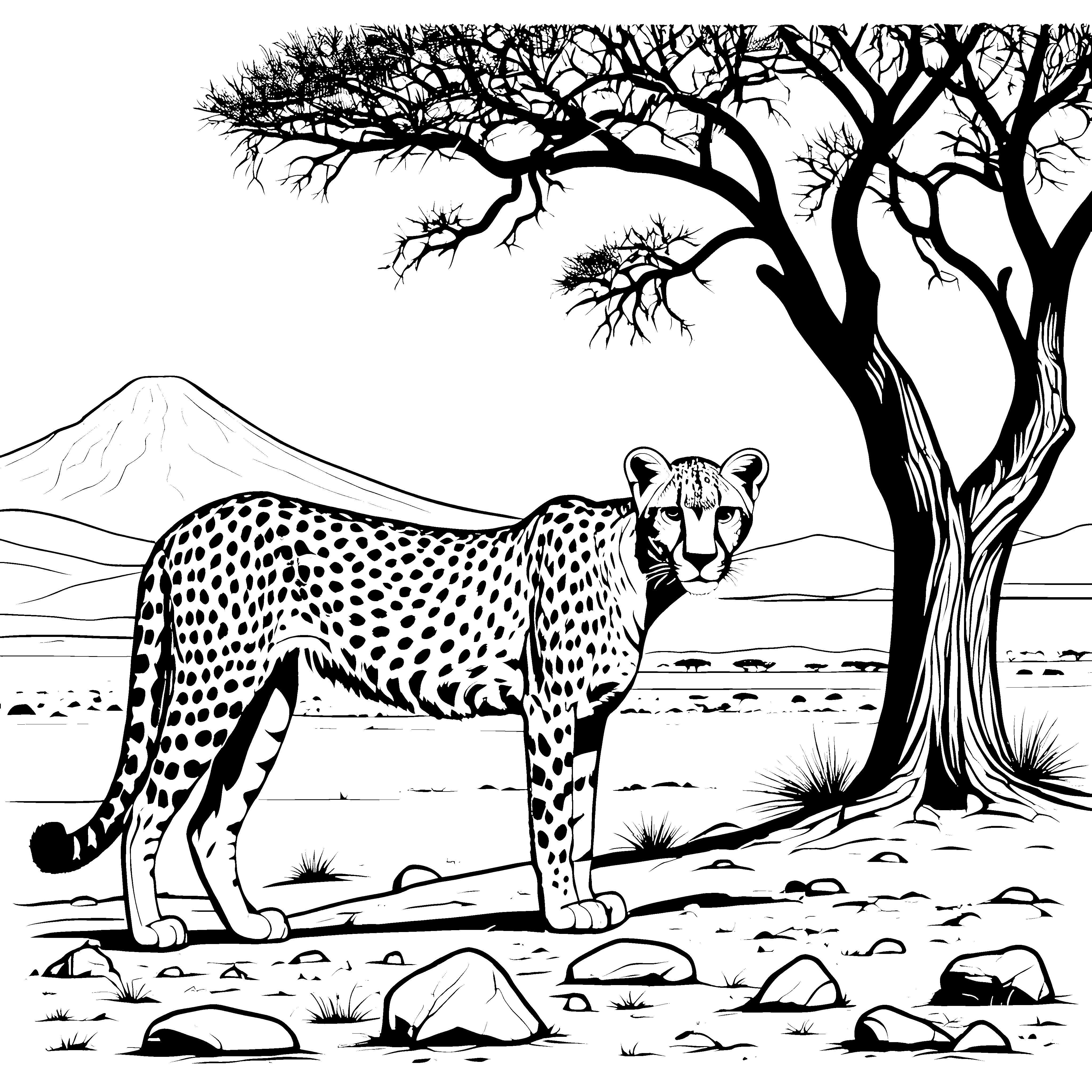 Faszinierten Gepard vor majestätischem Berg Ausmalbild für abenteuerlustige Naturfreunde