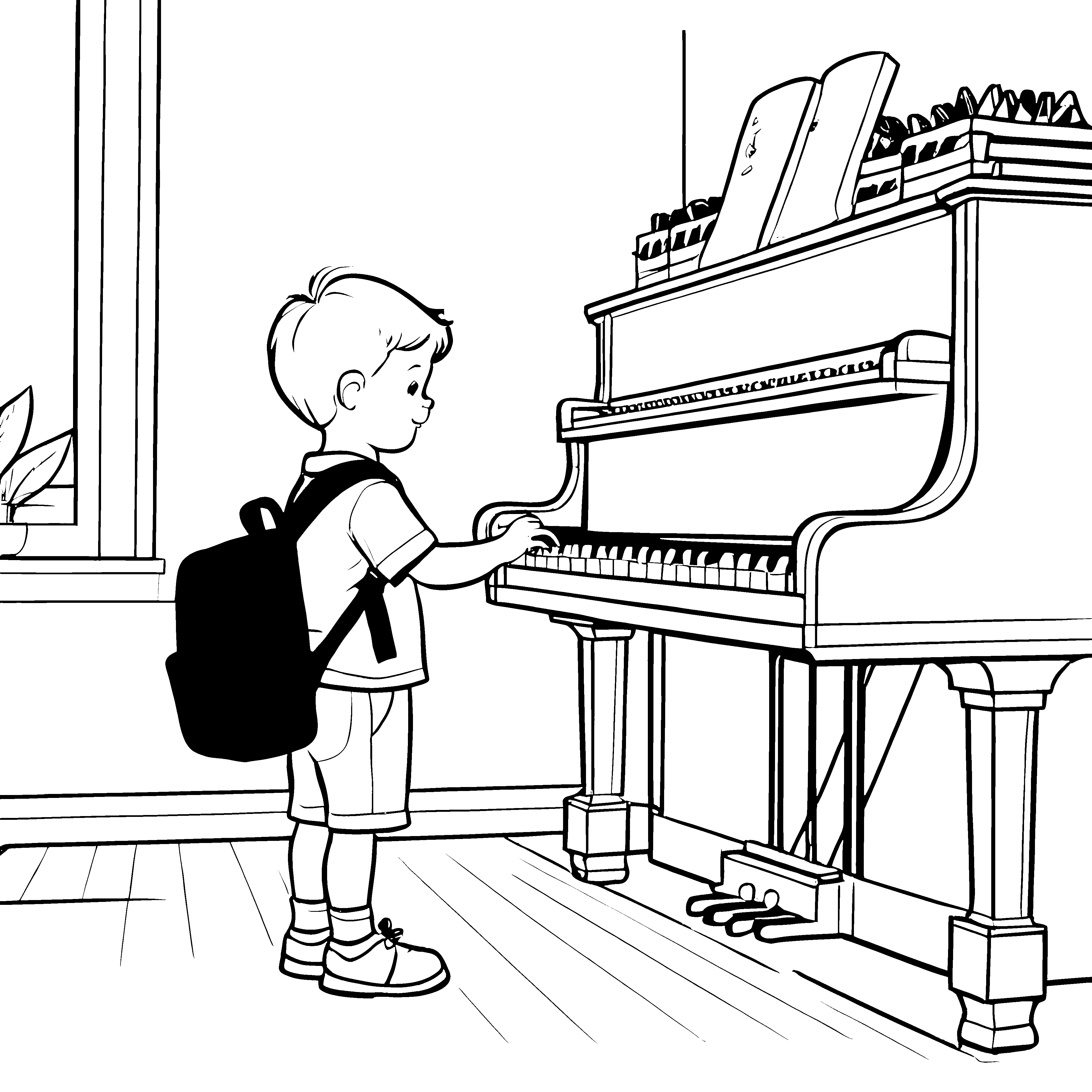 Fröhlicher Junge am klassischen Klavier Ausmalvorlage für neugierige Musikentdecker