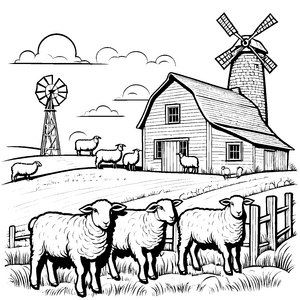 Kuschelige Schafe auf malerischer Farm Ausmalmotiv für kleine Landliebhaber
