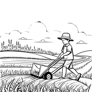 Einfallsreicher Junge beim Pflügen des Feldes Ausmalvorlage für kleine Landwirte