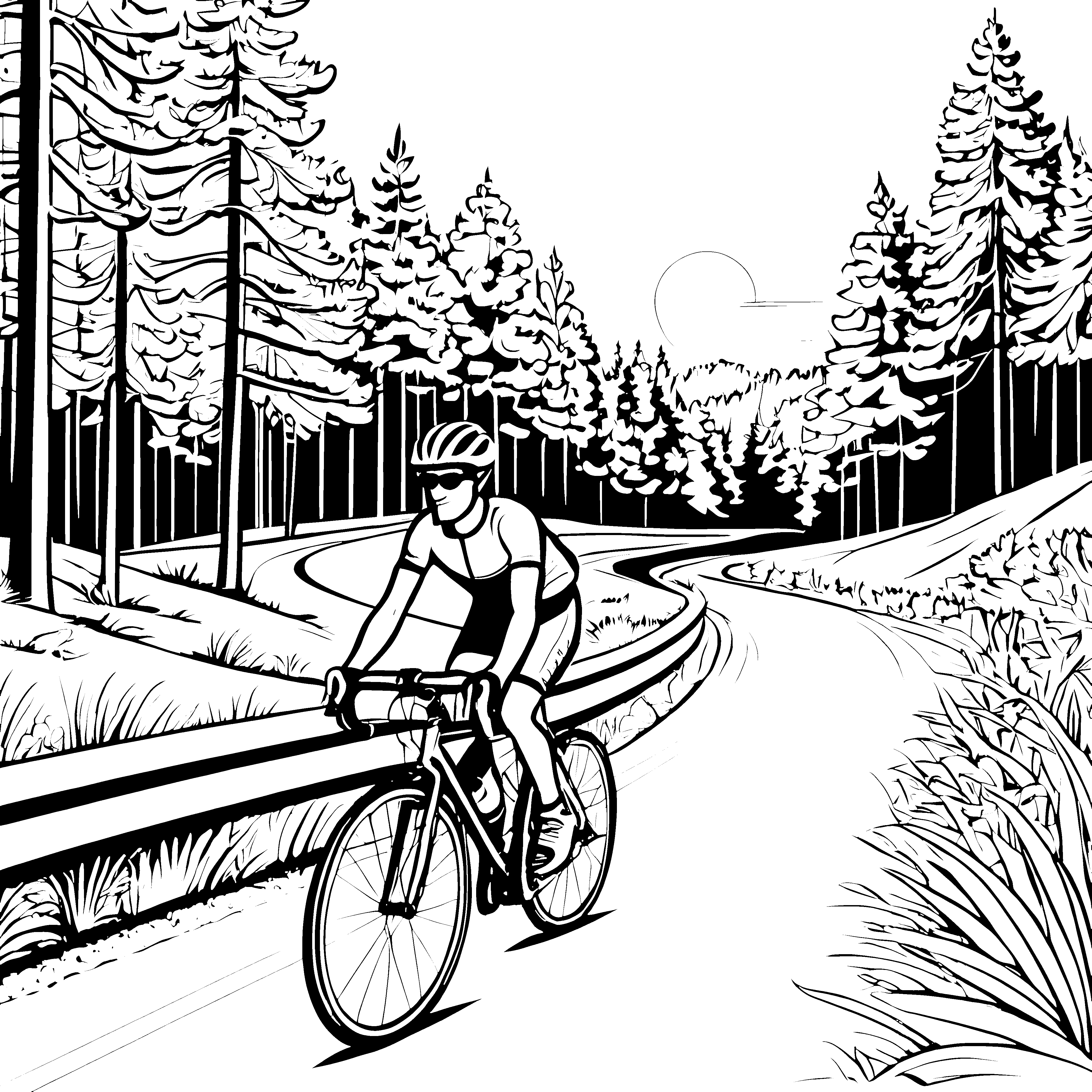Rennradfahrer auf kurvenreicher Strecke Ausmalmotiv für abenteuerlustige Sportler