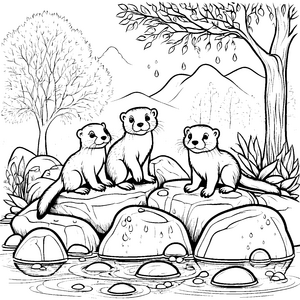 Verspielte Otter-Babys auf großen Steinen Ausmalbild für kleine Tierfreunde
