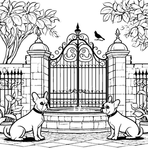 Zwei schnurrige Französische Bulldoggen am springenden Brunnen Ausmalbild für neugierige Pfotenfreunde