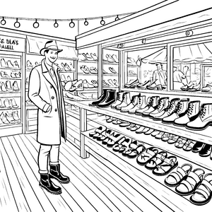 Stilvolle Schuhvielfalt im kreativen Laden Ausmalbild für modebegeisterte Kinder