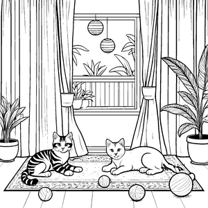 Kuschelige Katzenmama mit verspielten Kätzchen Malvorlage für neugierige Tierfreunde