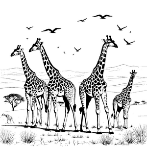 Elegante Giraffenherde unter dem strahlenden Himmel Ausmalvorlage für neugierige Tierfreunde