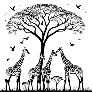 Freundliche Giraffen unter majestätischem Baum Malvorlage für neugierige Tierfreunde