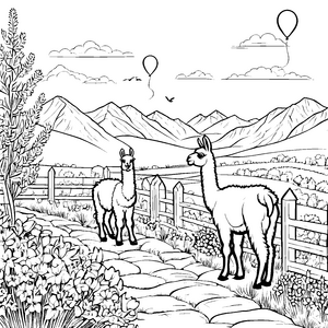 Verspielte Lamas in bunter Blumenlandschaft Ausmalvorlage für kleine Naturfreunde