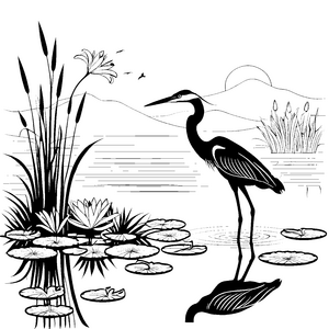 Eleganter Reiher im Schilf vor glitzerndem Wasser Ausmalmotiv für neugierige Naturentdecker
