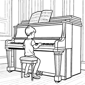 Kreativer Junge spielt fröhliche Melodien am Klavier Ausmalbild für musikalische Entdecker