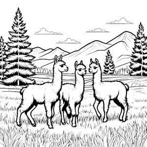 Drei neugierige Lama-Jungtiere in der blühenden Wiese Ausmalvorlage für kleine Naturforscher