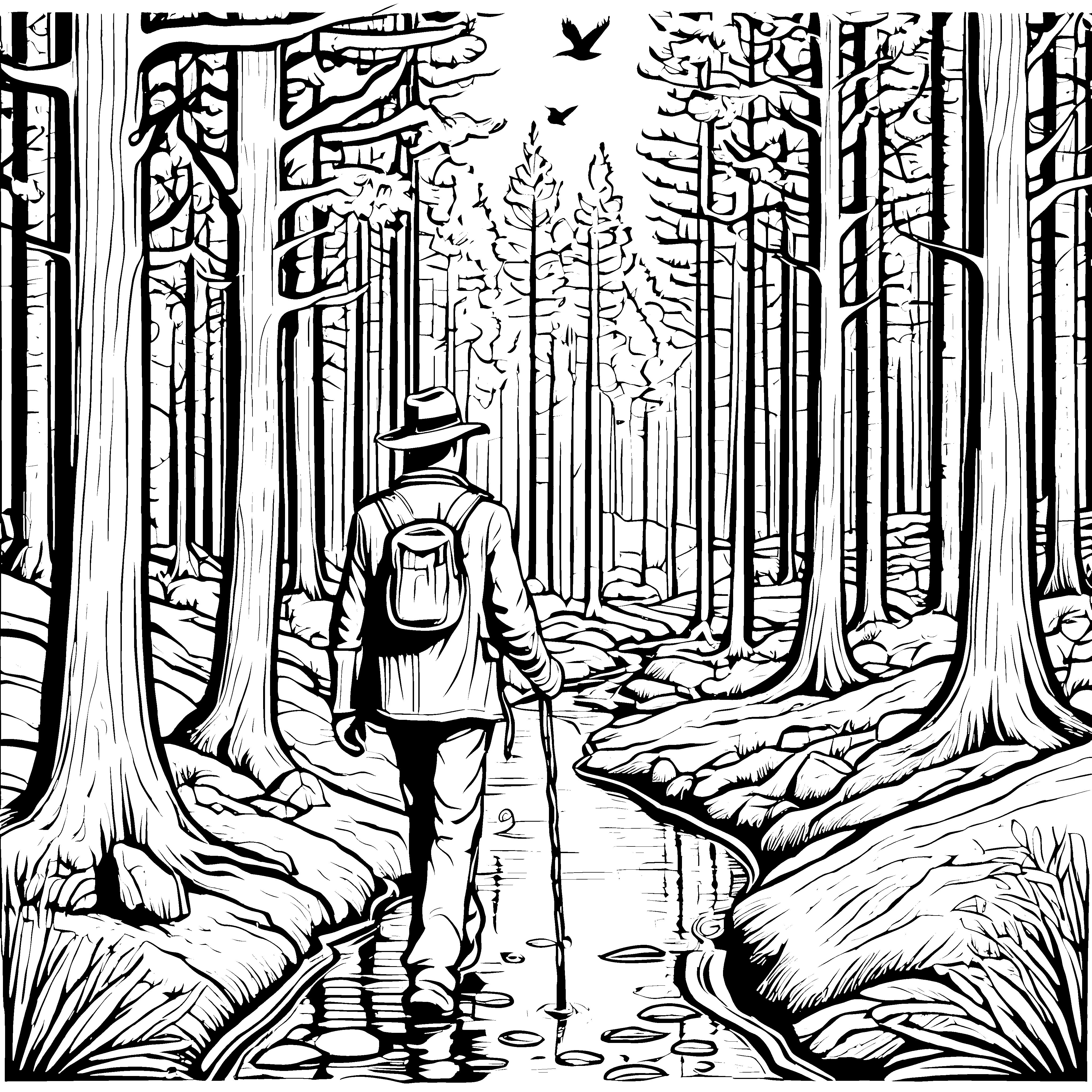 Fasziniert Förster entdeckt geheimnisvollen Wald Ausmalbild für mutige Naturentdecker