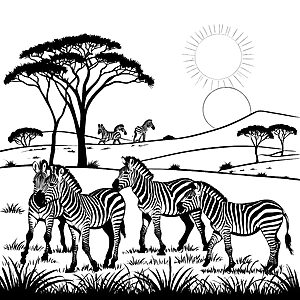 Verspielte Zebras unter dem strahlenden Sonne Ausmalbild für kleine Entdecker