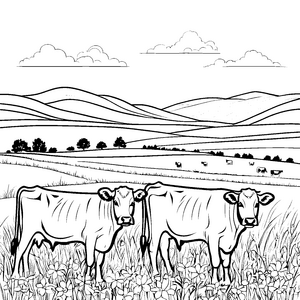 Frohsinnige Kühe im blühenden Feld Ausmalbild für tierliebe Künstler