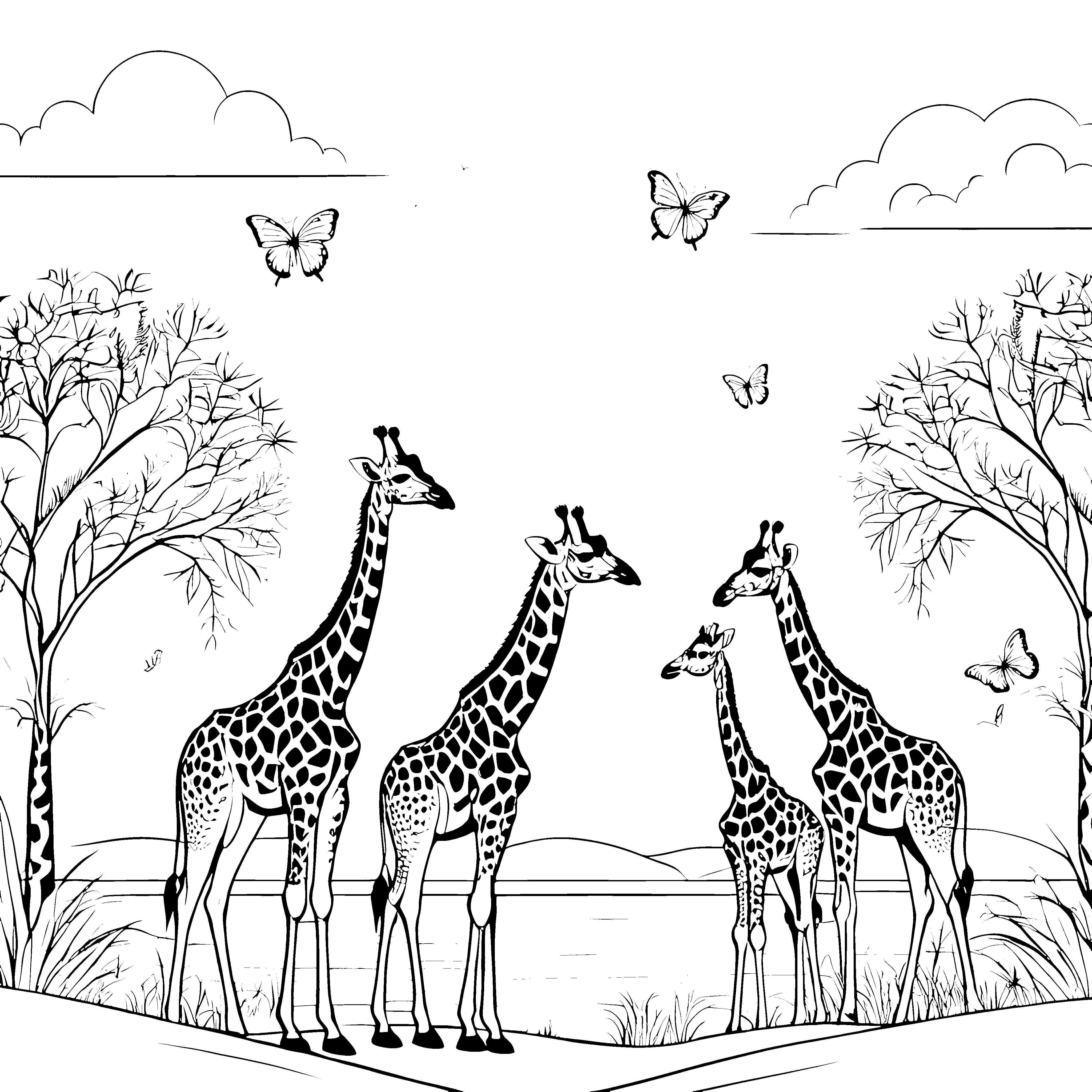 Fröhliche Giraffenfamilie unter bunten Schmetterlingen Ausmalmotiv für neugierige Tierfreunde