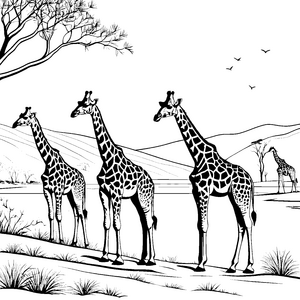 Elegante Giraffen bei der Erkundung der Savanne Ausmalbild für aufgeweckte Tierentdecker