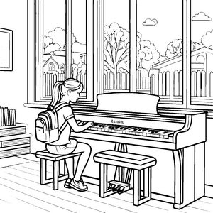 Harmonisches Klavier mit fröhlicher Melodie Ausmalbild für kreative Musikliebhaber