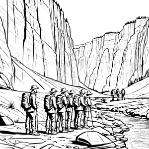Geologen auf aufregender Expedition im Canyon Ausmalmotiv für kleine Entdecker
