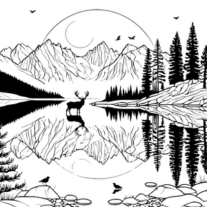 Majestätischer Riesenhirsch in traumhafter Berglandschaft Ausmalbild für abenteuerliche Naturentdecker