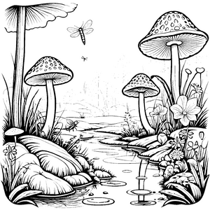 Bezaubernde Fliegenpilze am glitzernden Teich Ausmalmotiv für fantasievolle Naturfreunde
