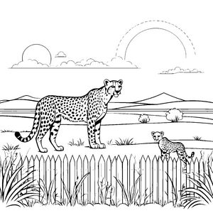 Majestätischer Gepard mit verspieltem Jungtier Ausmalbild für neugierige Naturforscher