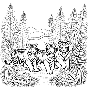 Drei abenteuerlustige Tigerbabys im Dschungel Malvorlage für neugierige Tierfreunde