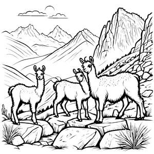 Verspielte Lama-Jungtiere in den Bergen Ausmalvorlage für kleine Naturfreunde