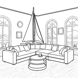 Modernes Designer-Sofa im stilvollen Raum Ausmalbild für kreative Einrichtungsprofis