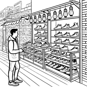 Moderne Sneaker-Auswahl bei lebendigem Schuhverkäufer Malvorlage für fashionbewusste Entdecker