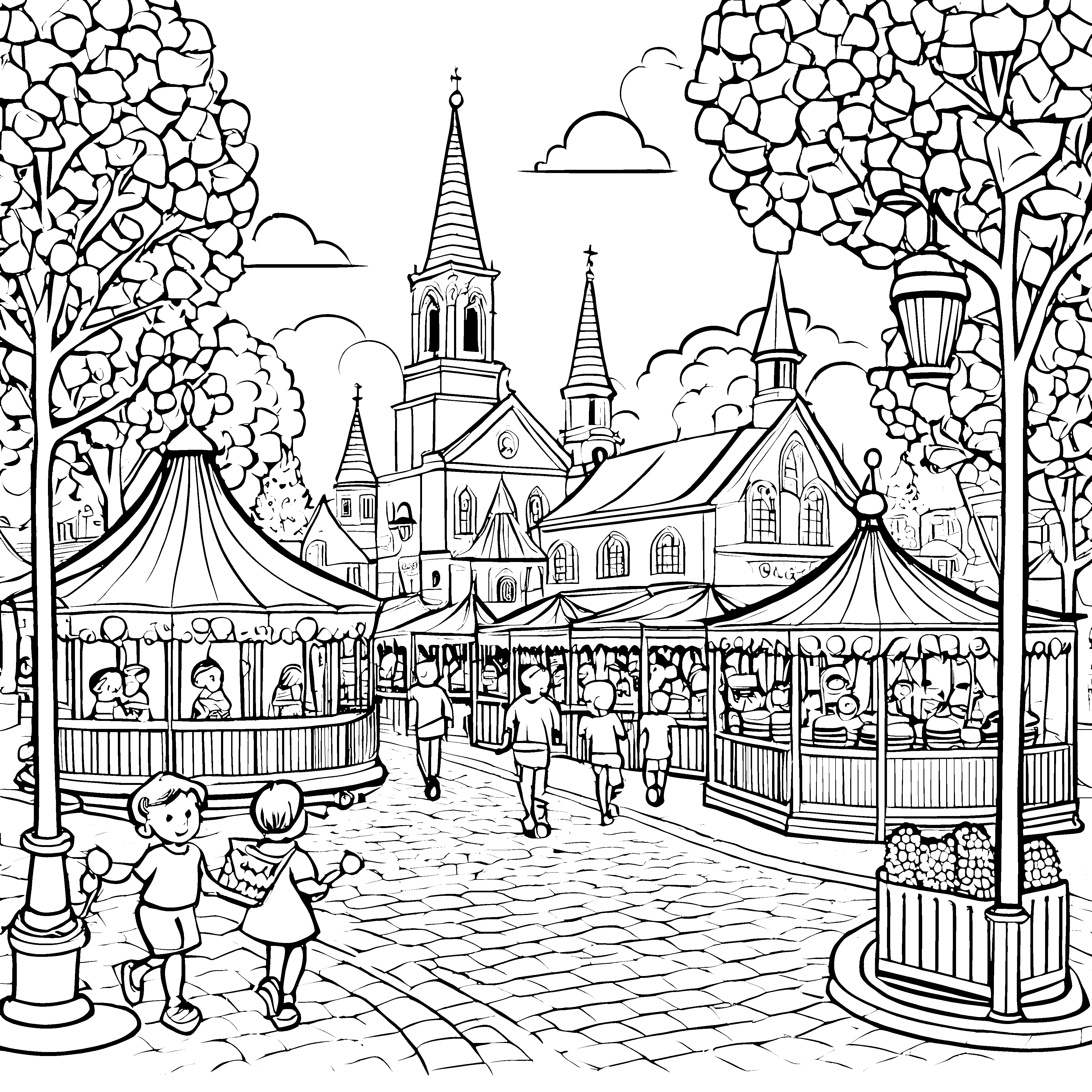 Bunte Kirmes mit fröhlichen Kindern und Karussell Malvorlage für kleine Entdecker