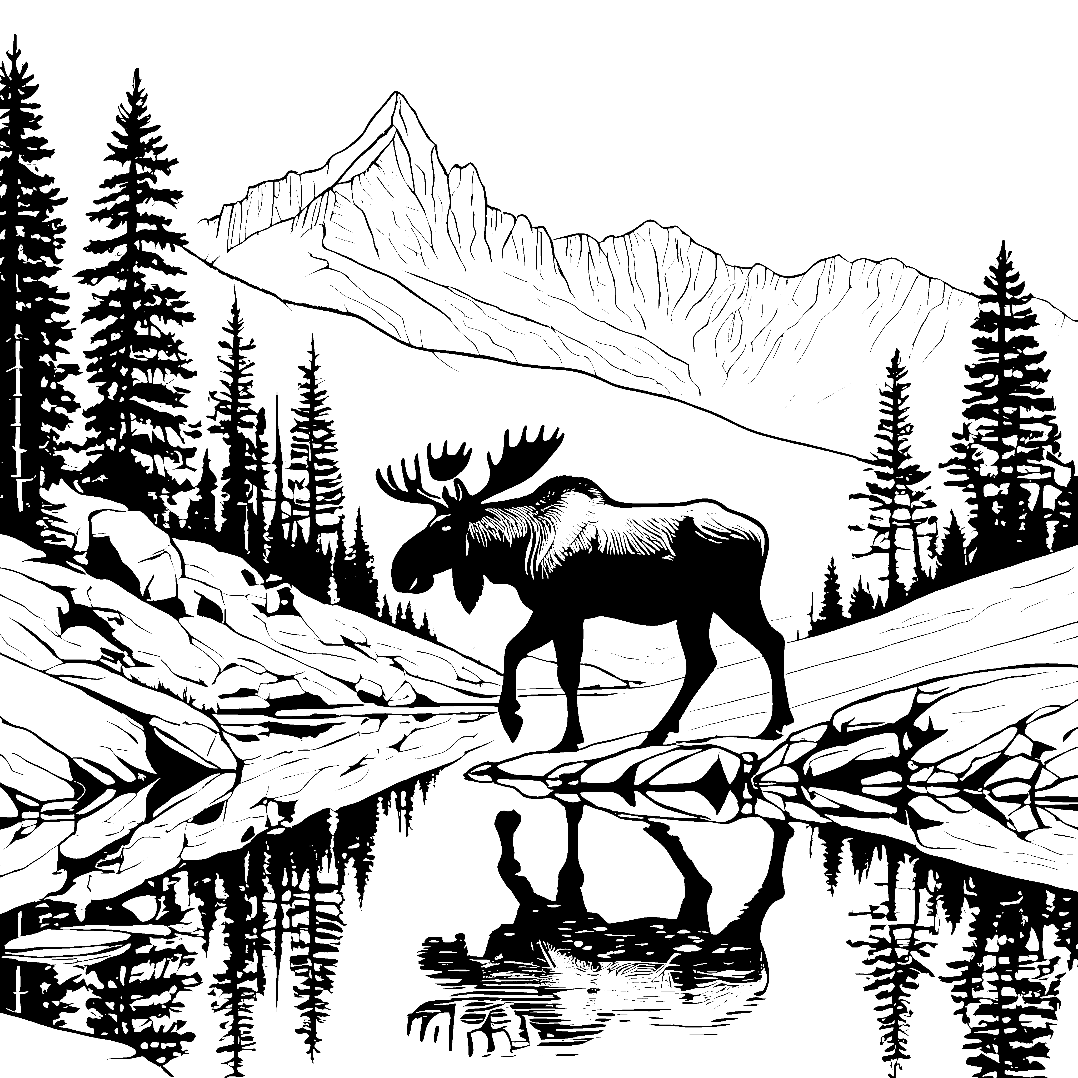 Majestätischer Riesenhirsch am glitzernden See Ausmalbild für neugierige Waldentdecker