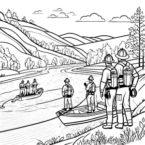 Mutige Feuerwehrleute am spritzigen Fluss Ausmalmotiv für abenteuerliche Entdecker