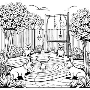 Beliebte Französische Bulldoggen am sprudelnden Brunnen Ausmalvorlage für charmante Hundeliebhaber