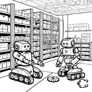 Spaßige Roboterfreunde beim Tüfteln Malvorlage für kreative Technikfreaks