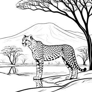 Stolzer Gepard am ruhigen Wasserloch Malvorlage für kleine Tierliebhaber