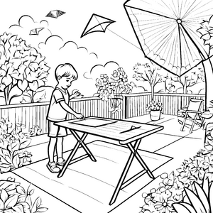 Abenteuerlicher Klapptisch im bunten Garten Ausmalbild für kreative Entdecker