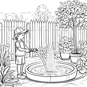 Lebhafte Wasserfontäne im fröhlichen Garten Ausmalbild für kreative Gartengestalter