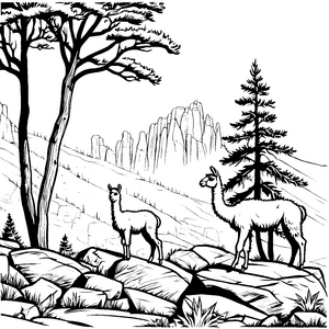 Zwei neugierige Lama-Jungtiere in freier Natur Ausmalvorlage für abenteuerlustige Entdecker