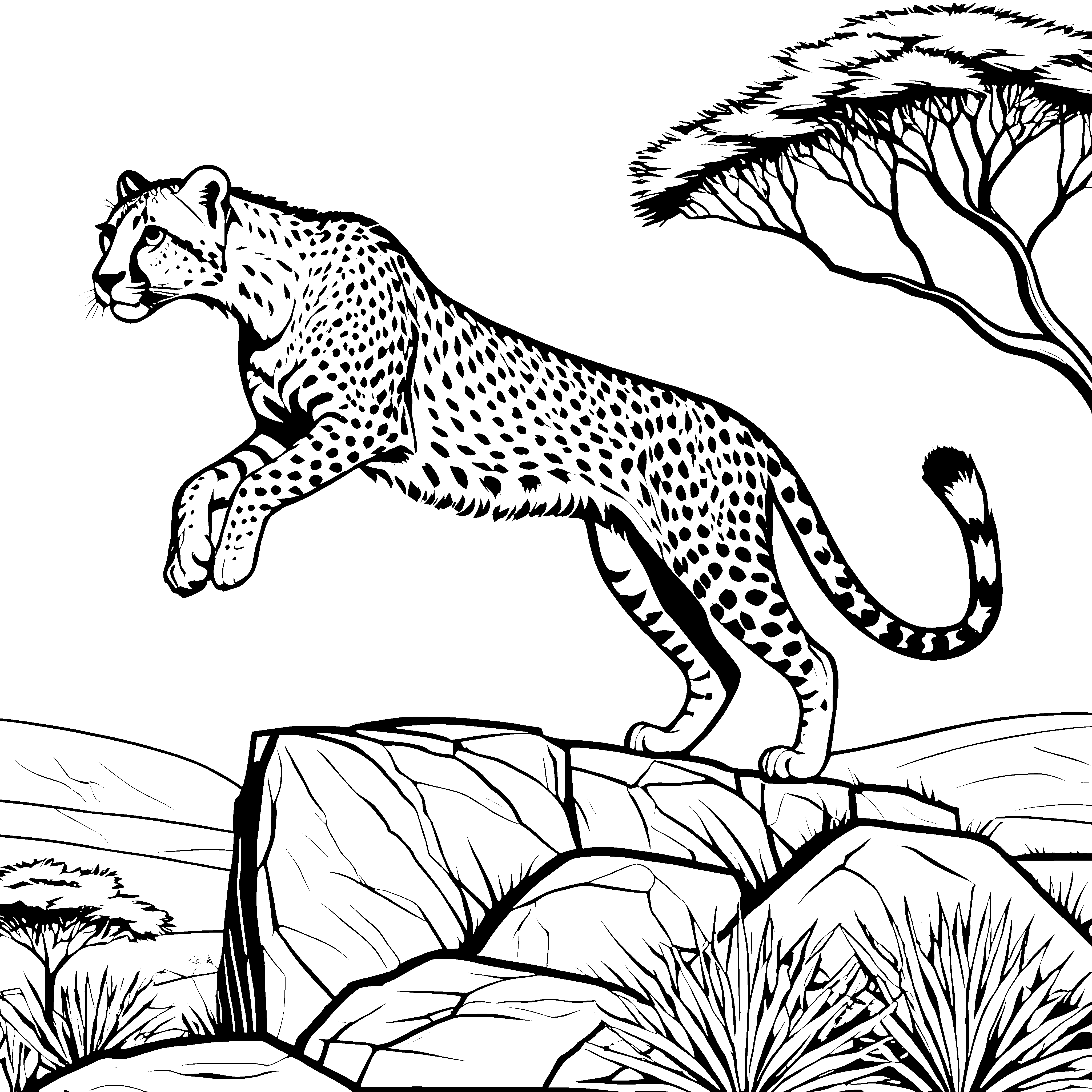 Spritziger Gepard auf abenteuerlichem Felsen Ausmalvorlage für furchtlose Künstler