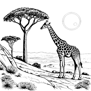 Majestätische Giraffe unter schattenspendendem Baum Ausmalmotiv für fantasievolle Tierfreunde